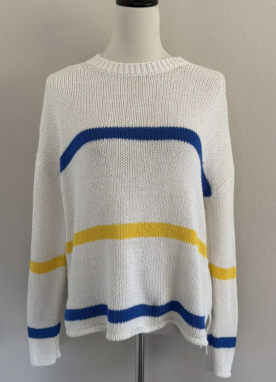 HIHO Sweater Womens Small Ivory Striped Crewneck Cotton Blend Beachy Nautical